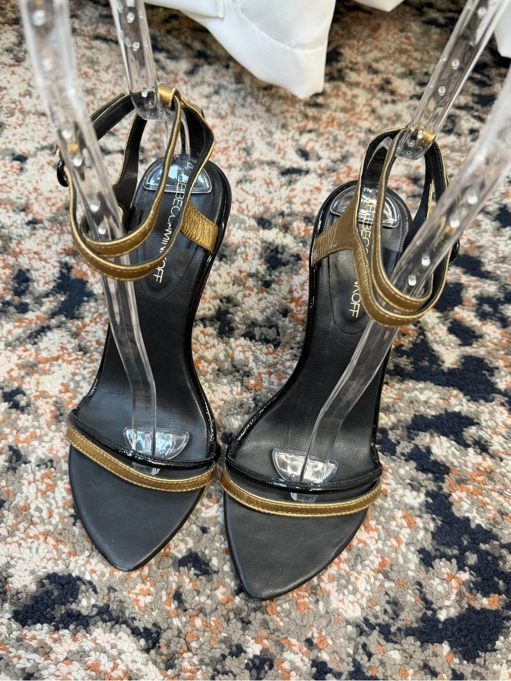 Rebecca Minkoff Black & Metallic Gold Leather Strappy Heeled Sandal Stiletto 7.5
